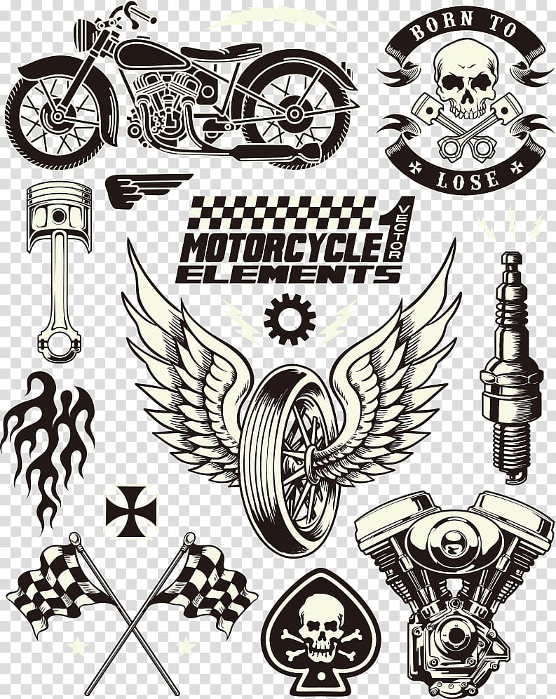 Motorcycle vinyl sticker illustration, Motorcycle Symbol , Skull Wings tires transparent background PNG clipart