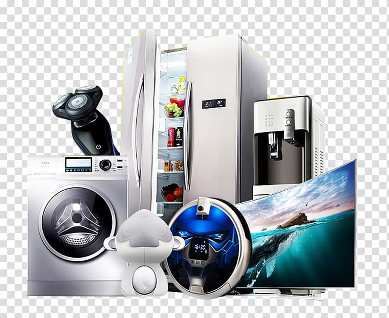 curved screen TV, refrigerator, water dispenser, and clothes washer, Home appliance Icon, Refrigerators, air conditioners, washing machines, household appliances transparent background PNG clipart