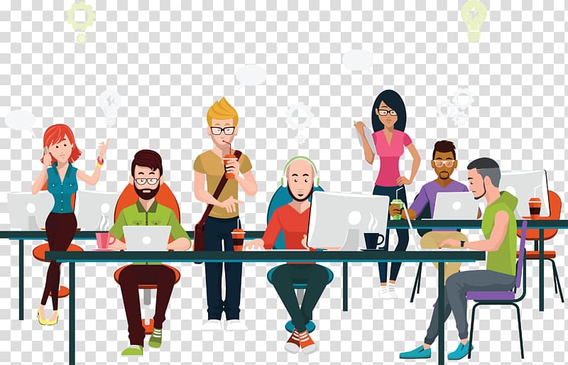 group of people using laptop illustration, Office Coworking Business Illustration, The project team resting FIG. transparent background PNG clipart