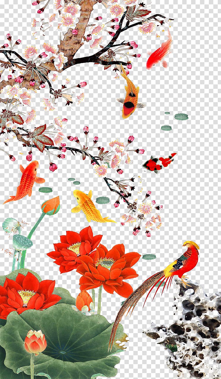 flowers and fish illustration, Koi Customer Service , Carp swimming transparent background PNG clipart