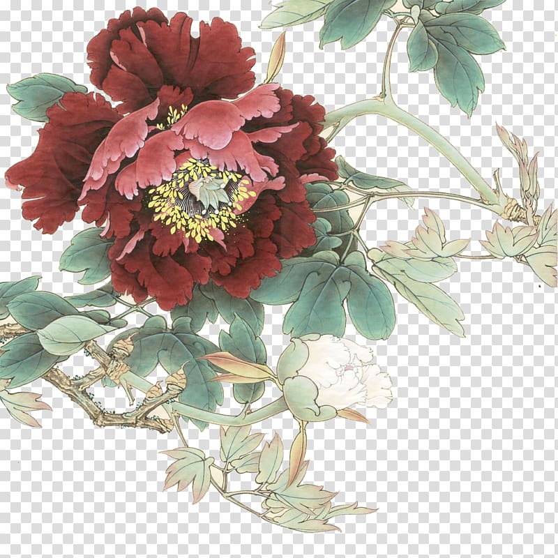 red and white flower illustration, Gongbi Chinese painting Chinese art, peony transparent background PNG clipart