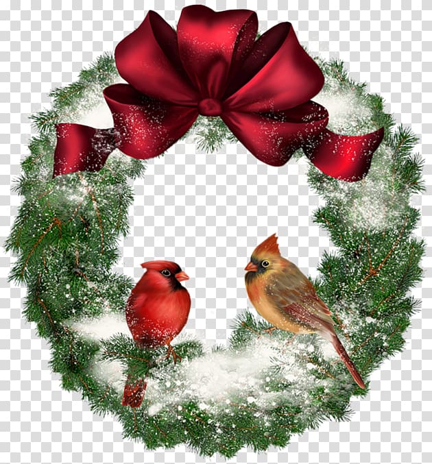 round green wreath with red bow and cardinal , Christmas Wreath , Christmas Wreath with Birds transparent background PNG clipart