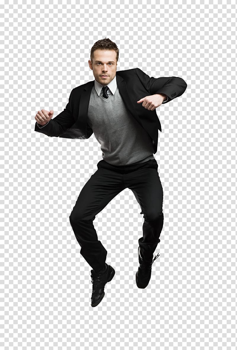 man jumps wearing black jacket, rm Dance , Jump up man transparent background PNG clipart