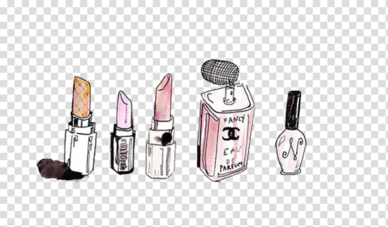 several lipsticks and bottles , Chanel Cosmetics Drawing Concealer Perfume, Various cartoon lipstick perfume transparent background PNG clipart
