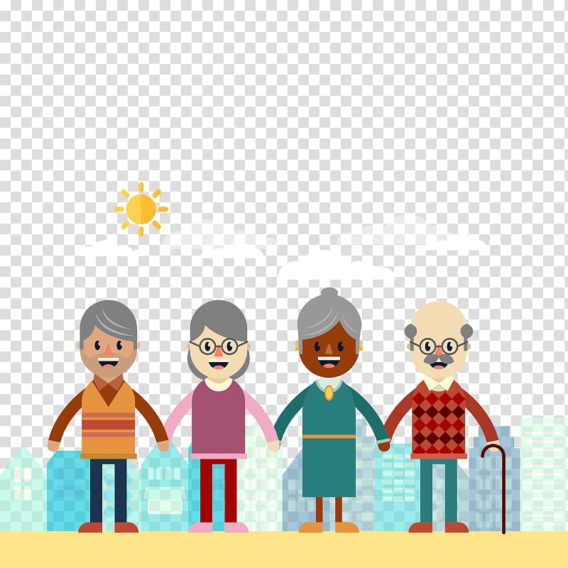 two girls and two boys holding hands illustration, Old age International Day for Older Persons Aged Care Grandparent, happy elderly transparent background PNG clipart
