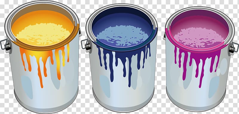 yellow, blue, and pink paint cans illustration, Painting Cartoon , Paint Bucket transparent background PNG clipart