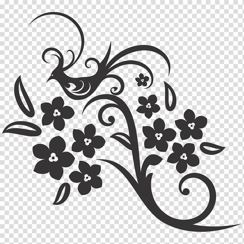 black floral with bird illustration, Flower Floral design , arabesco transparent background PNG clipart