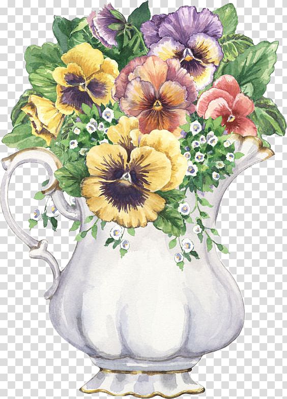 flower bouquet on white pitcher painting, Paper Pansy Wall decal Flower Painting, vase transparent background PNG clipart