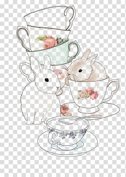 two rabbits on teacup art, Teacup Coffee Rabbit, Teacup Bunny transparent background PNG clipart