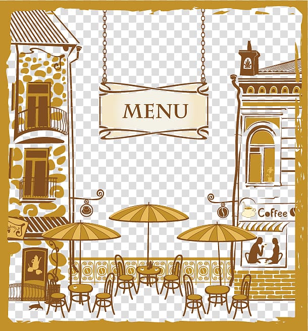 cafe table and chairs on patio art, Cafe Menu Cartoon Restaurant, Restaurant menu cover design material transparent background PNG clipart