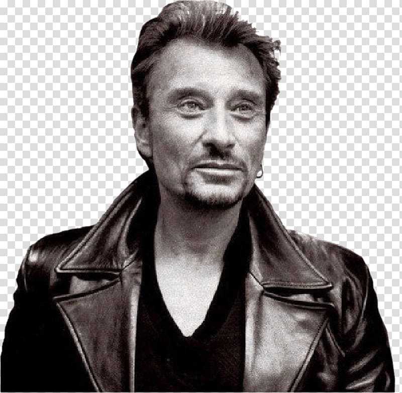 man wearing brown leather jacket and v-neck shirt, Johnny Hallyday Smiling transparent background PNG clipart