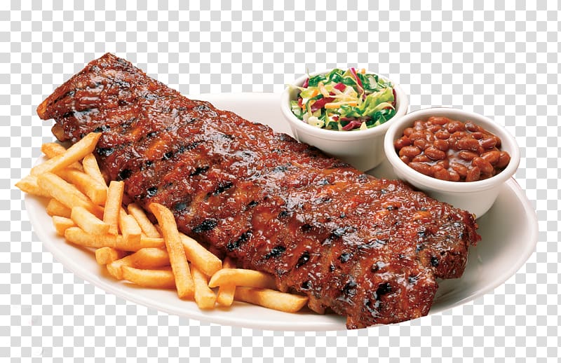 grilled beef ribs on oval white ceramic plate with fries and coleslaw and beans dip, Delray Beach Lucille\'s Bad to the Bone BBQ Barbecue grill Lucilles Bad to the Bone BBQ, barbeque transparent background PNG clipart