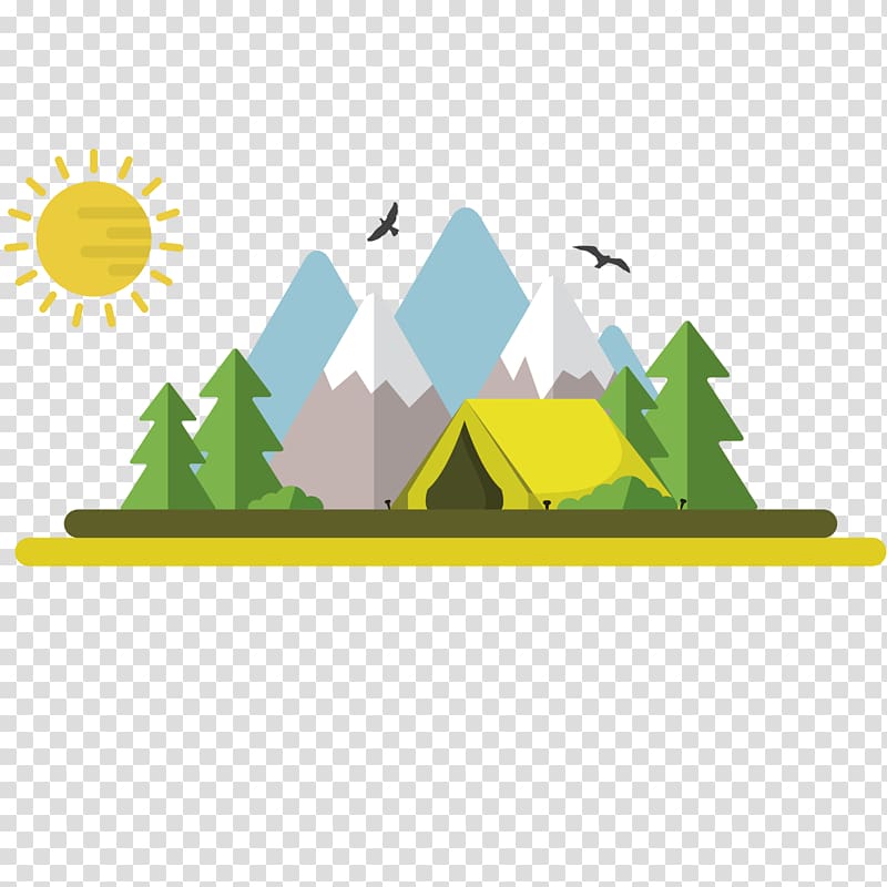 multicolored mountain and sun illustration, Camping Tent Illustration, Flat abstract landscape material transparent background PNG clipart