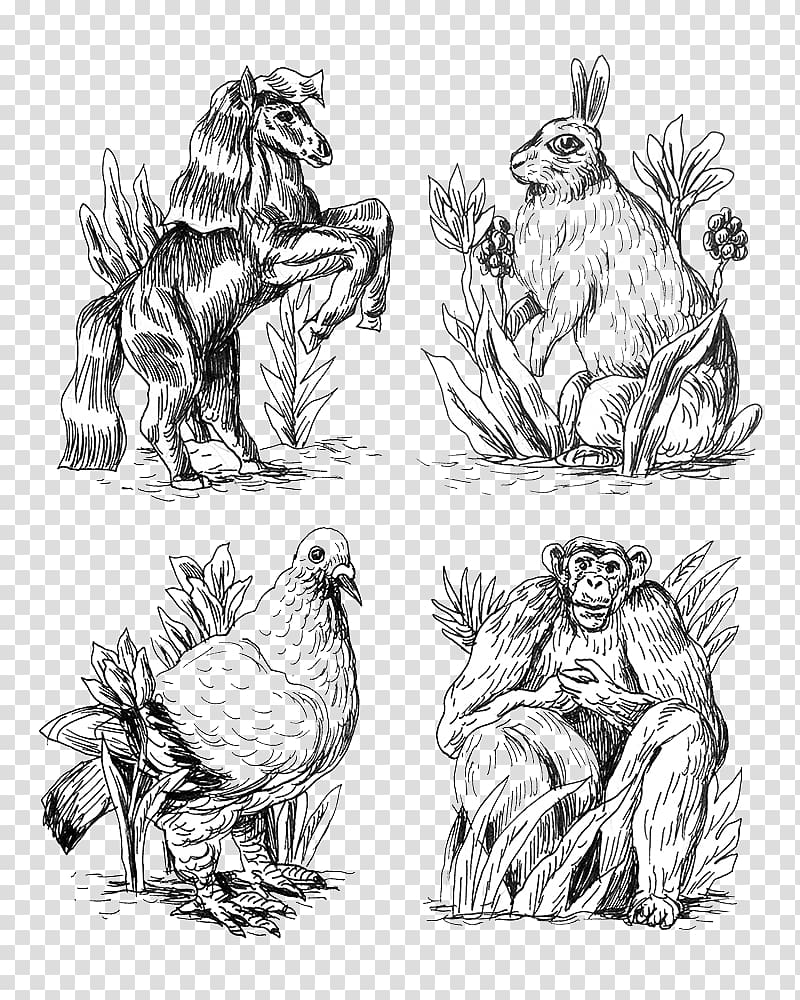 Drawing Black and white Sketch, Creative hand-painted animal pencil transparent background PNG clipart