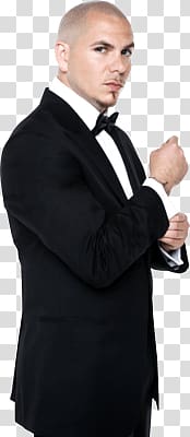man wearing black tuxedo with left hand fixing right hand sleeve, Pitbull Standing transparent background PNG clipart