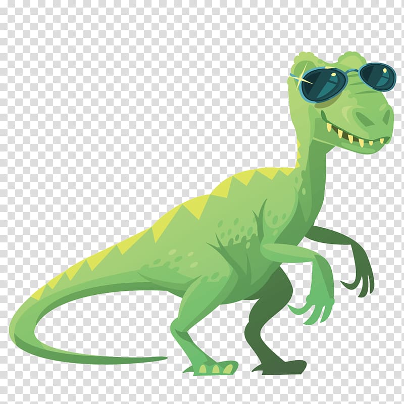green and yellow dinosaur art, Cartoon Illustration, Cartoon dinosaur wearing sunglasses transparent background PNG clipart