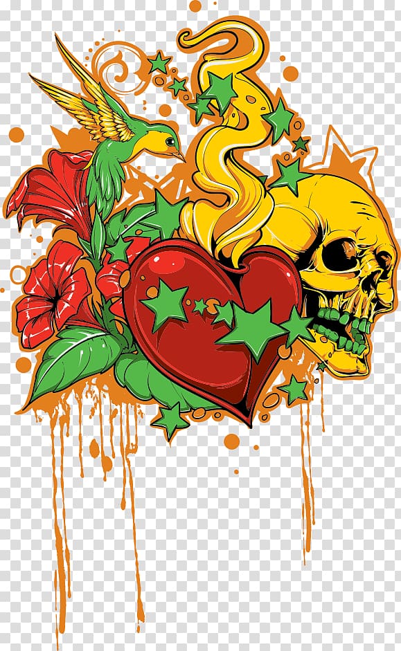 human skull with bird and heart illustration, Bird T-shirt Tattoo , bird skeleton printing transparent background PNG clipart