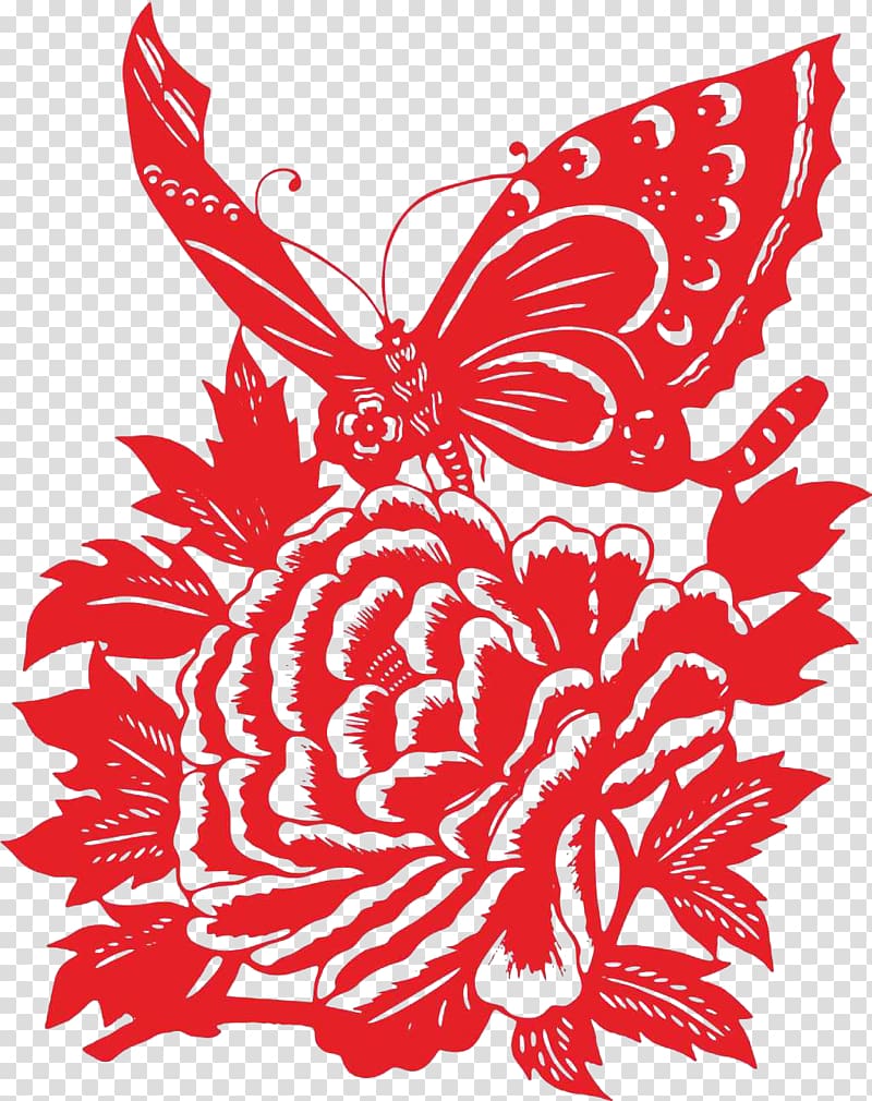 Papercutting Moutan peony Bird-and-flower painting, Butterfly cauliflower transparent background PNG clipart