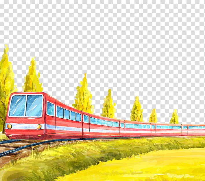Train Cartoon Track Poster Illustration, Painted oncoming train transparent background PNG clipart