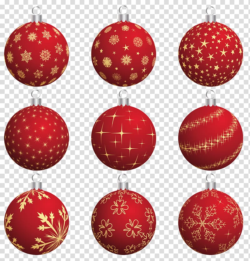 nine red Christmas baubles, Santa Claus Christmas ornament New Year, Large Red Christmas Balls Collection transparent background PNG clipart