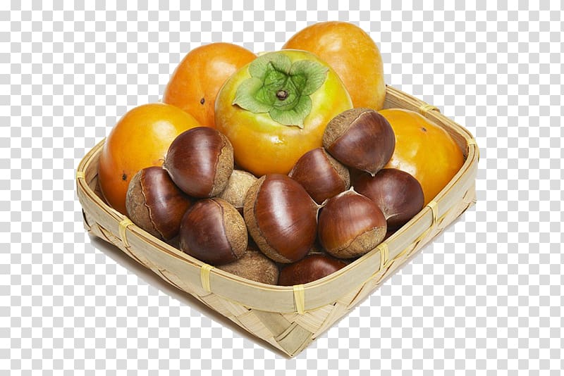 Fruit Chinese chestnut Persimmon, A basket of persimmon and chestnut transparent background PNG clipart