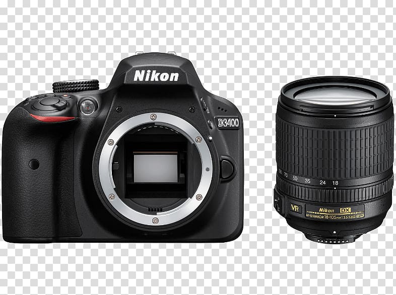 Nikon D3400 AF-S DX Nikkor 18-105mm f/3.5-5.6G ED VR Digital SLR Nikon AF-S DX Nikkor 35mm f/1.8G Nikon AF-S DX Zoom-Nikkor 18-55mm f/3.5-5.6G, Camera transparent background PNG clipart