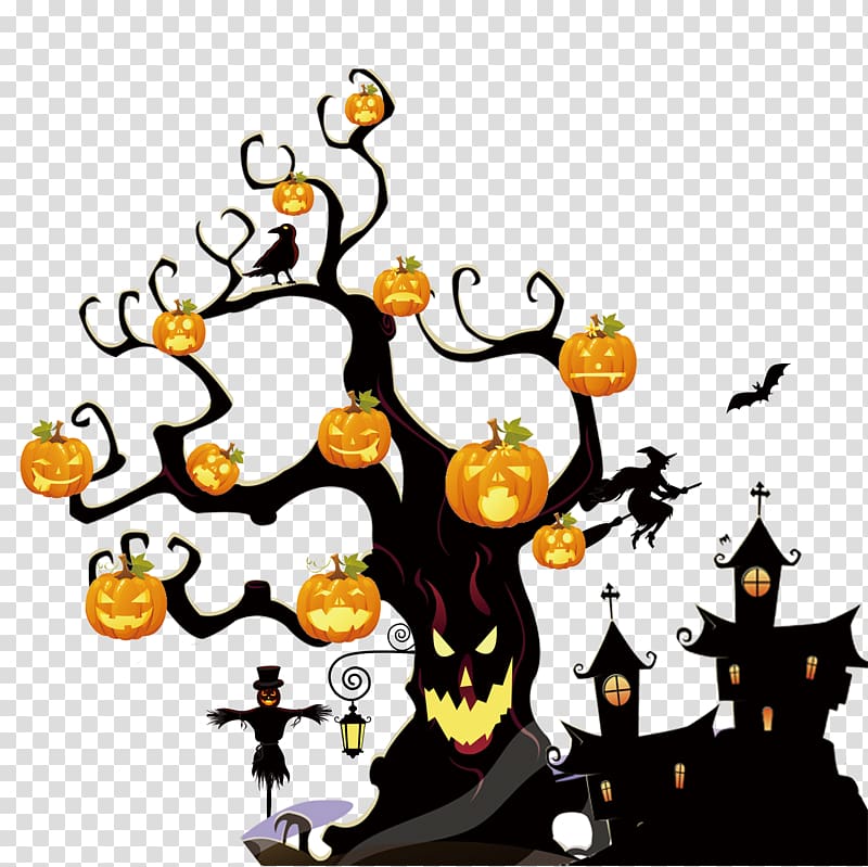 Halloween town and tree art illustration, Halloween transparent background PNG clipart