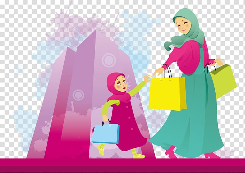 woman carrying tote bags beside girl illustration, Woman Shopping , Islamic women and children transparent background PNG clipart