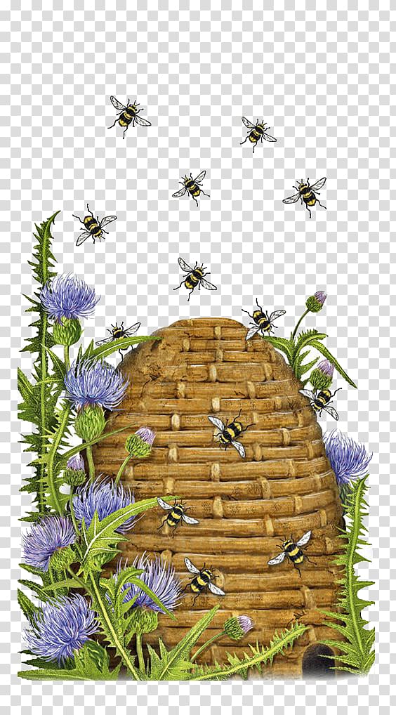 purple thistle flowers and yellow-and-black honeybees art, Towel Beehive Napkin Flour sack, bee transparent background PNG clipart