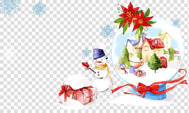 Christmas ornament Gift Snowman Illustration, Snowman next to a crystal ball in the snow house transparent background PNG clipart