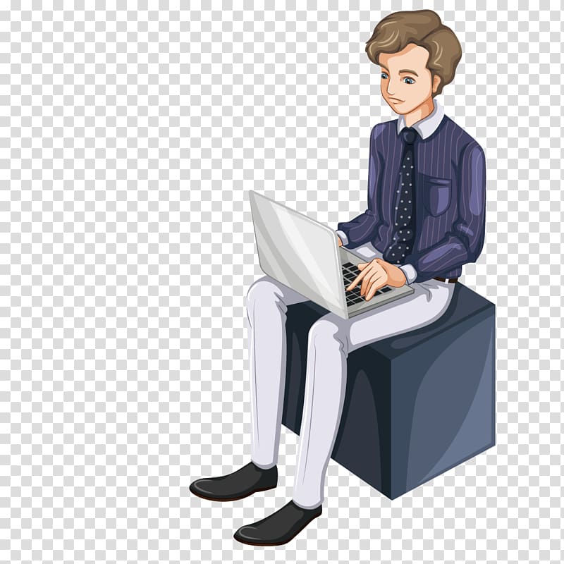 Profession Cartoon Illustration, Man sitting in the box on the Internet transparent background PNG clipart