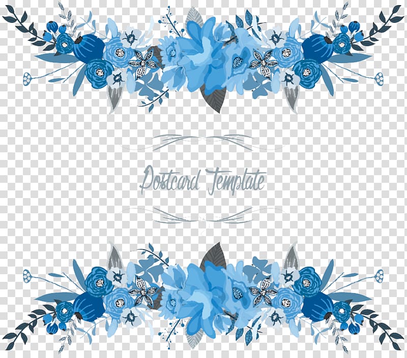 Flowers Floral border, blue and white floral postcard template transparent background PNG clipart