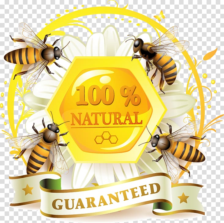100% natural guaranteed bee art illustration, Honey bee Honey bee Label Honeycomb, Bees and honey label material transparent background PNG clipart