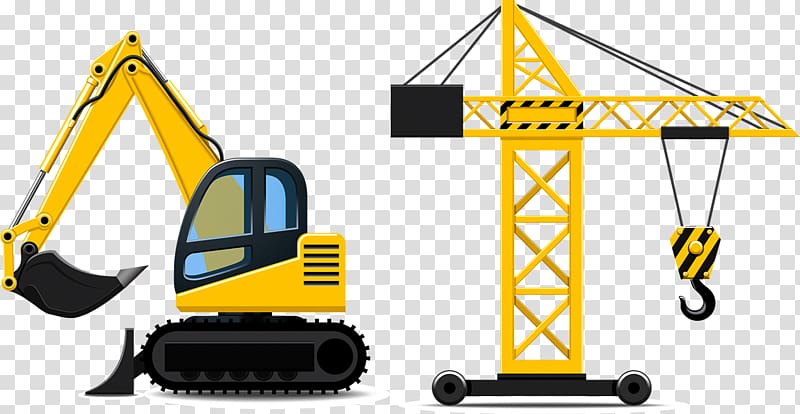 yellow-and-black crane tower and bulldozer illustration, Car Architectural engineering Heavy equipment Vehicle, Cartoon construction truck transparent background PNG clipart