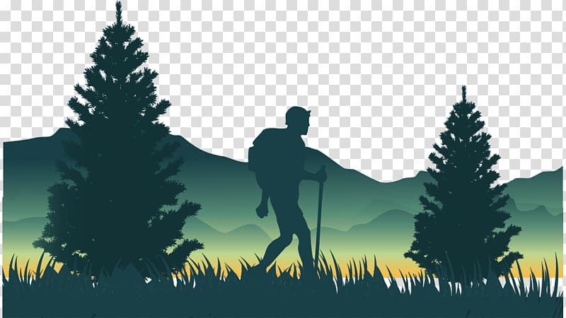 silhouette of hiker walking on grass , Landscape Euclidean Illustration, Jungle climbing transparent background PNG clipart