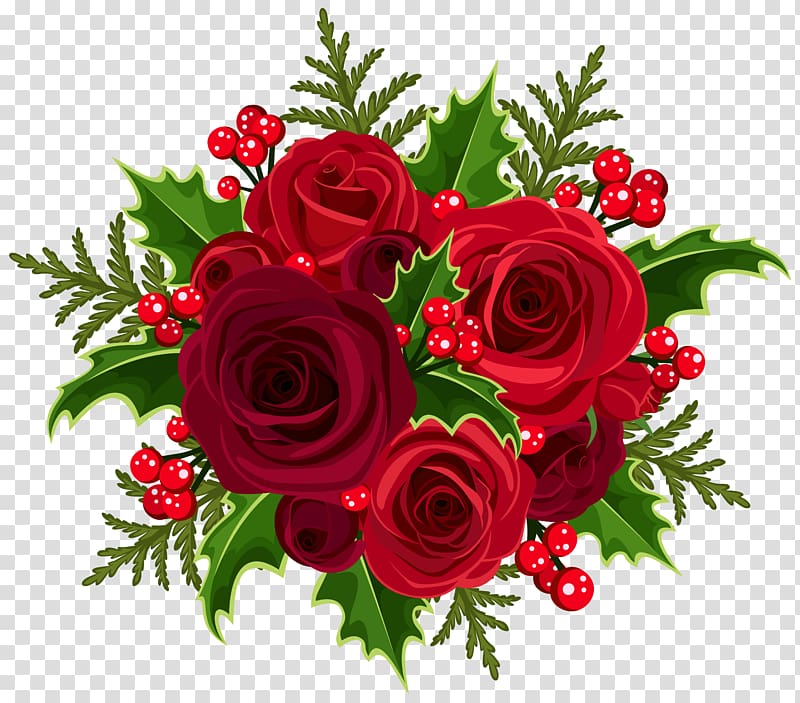 red roses and mistletoe illustration, Christmas Rose Flower bouquet , Christmas Rose Decoration transparent background PNG clipart