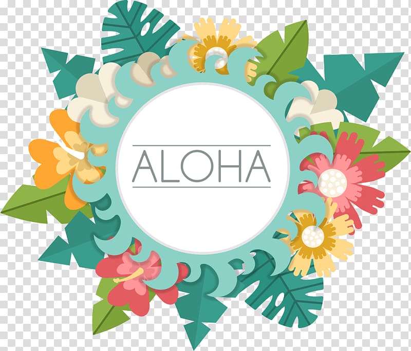 multicolored flowers with aloha text art, Tropical leaf title box transparent background PNG clipart