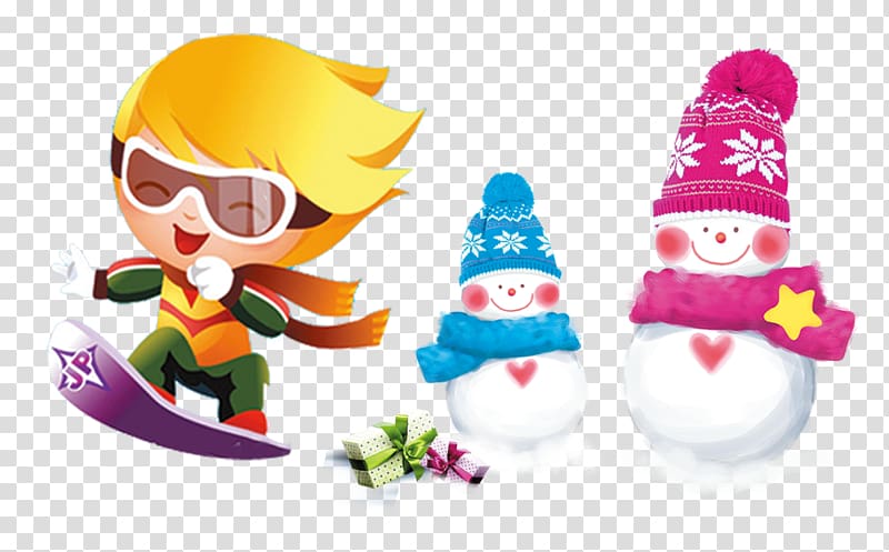Skiing Cartoon Child, Winter Snowman transparent background PNG clipart