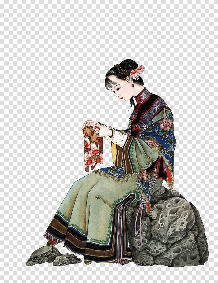 Embroidery Handicraft Woman, Beauty sitting on the stone transparent background PNG clipart