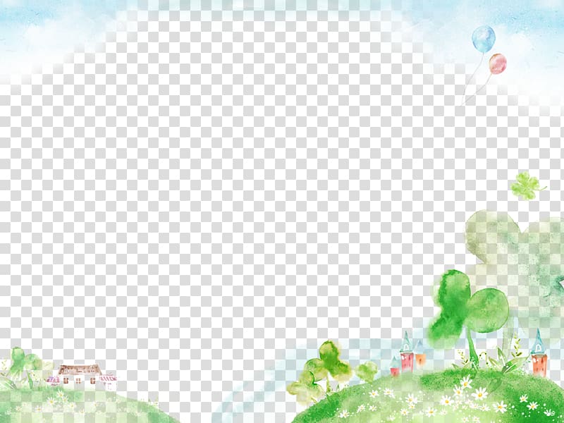 green leafed trees and balloons under blue and white sky, Watercolor painting Poster, Hand-painted dream free transparent background PNG clipart