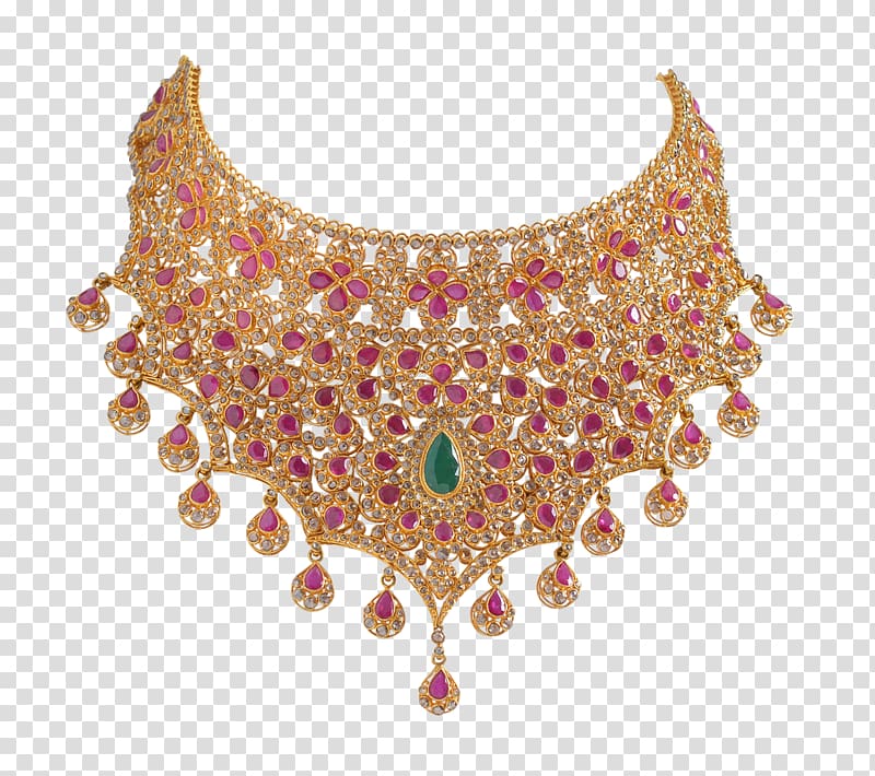 gold-colored collar necklace with pink gemstones, Earring Jewellery Necklace Bride Gold, indian wedding transparent background PNG clipart