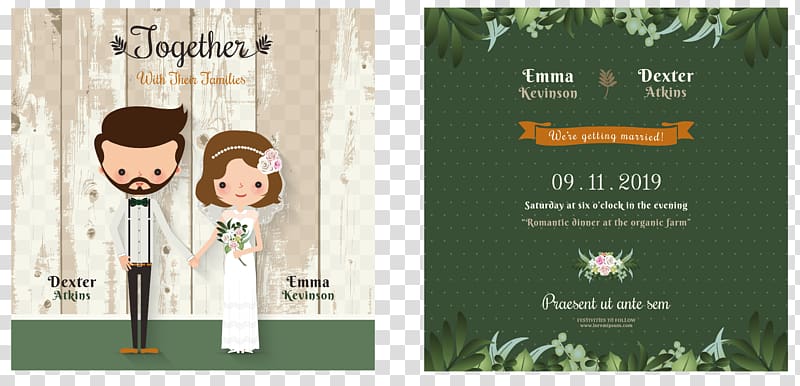 Together Emma and Dexter invitation card collage screenshot, Wedding invitation Cartoon Bridegroom, Cartoon wedding invitation design transparent background PNG clipart