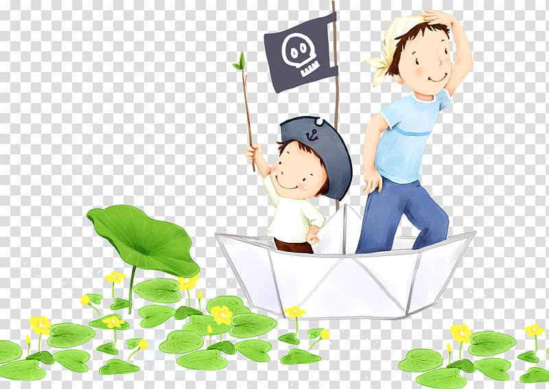 two boy rides on paper boat illustration, Fathers Day Child Boy Illustration, Paper boat cartoon boy transparent background PNG clipart