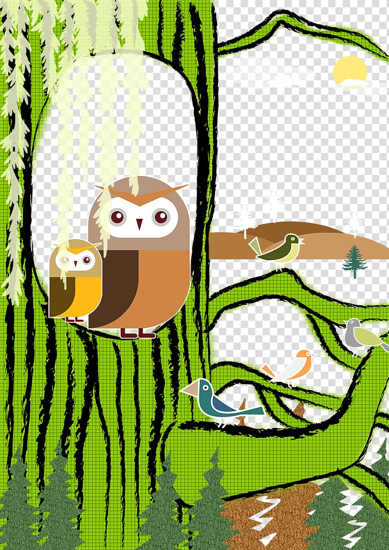 Bird Owl Tree Illustration, Owl tree holes transparent background PNG clipart
