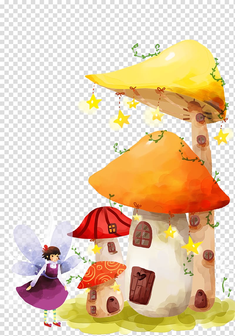 Cartoon Storytelling Illustration, Hand-painted cartoon mushroom house transparent background PNG clipart
