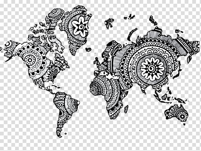 black and white mandala map illustration, World map Mandala Drawing, henna transparent background PNG clipart