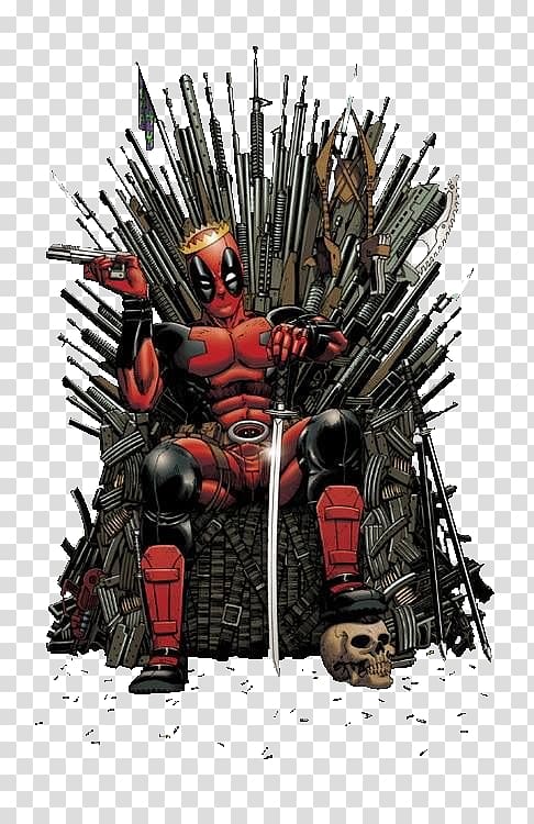 Deadpool sitting on game of thrones chair , Deadpool Daenerys Targaryen Spider-Man Iron Throne Deathstroke, deadpool transparent background PNG clipart