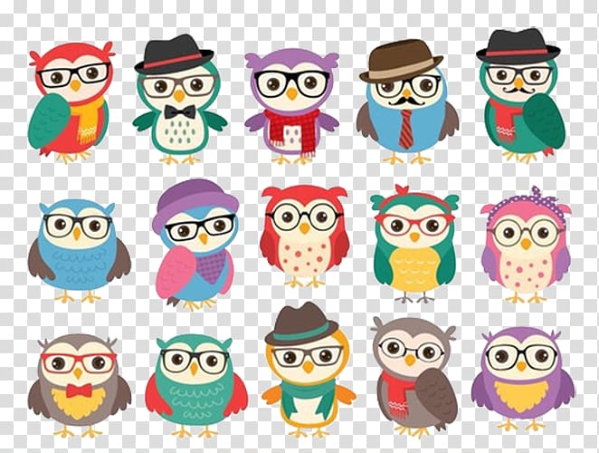 assorted-color owl illustration lot, Digital paper Digital scrapbooking Digital data Little Owl, Owls wearing glasses transparent background PNG clipart