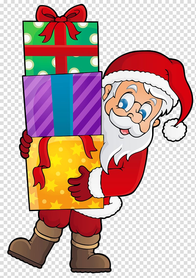 Santa Claus carrying gift box illustration, Santa Claus Christmas gift Christmas gift , Santa with Presents transparent background PNG clipart