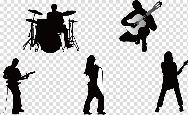 five silhouette of people illustration, Musical ensemble Silhouette Musician Guitarist, band transparent background PNG clipart